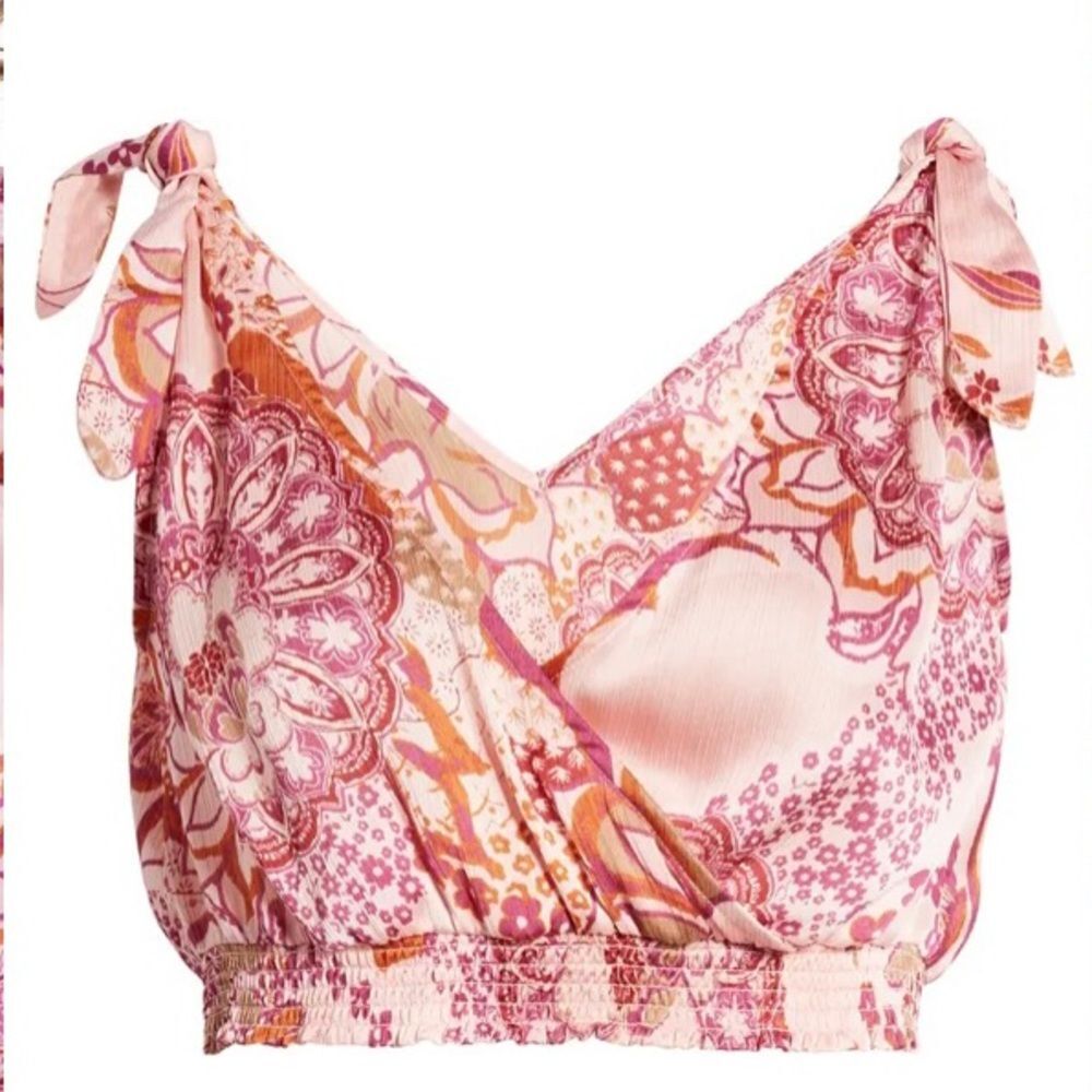 Free People Weekend In Montauk Tank Top Large Smocked Crop Tie Strap NWT Pink